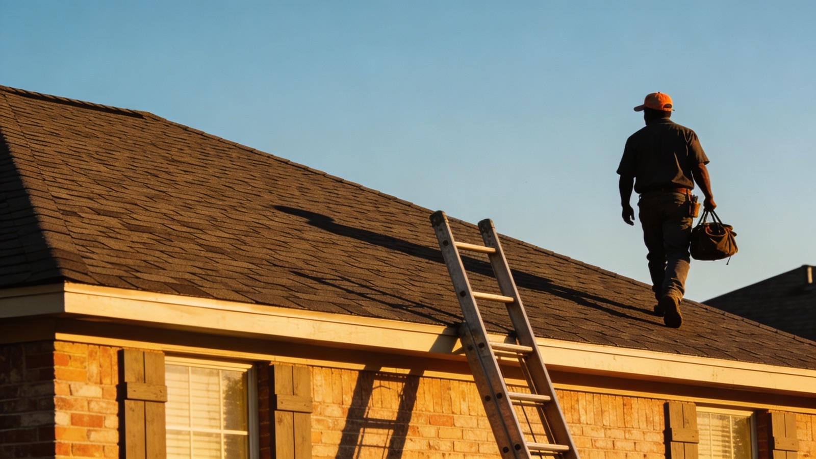 Craftsman walking off a residential rooftop at golden hour