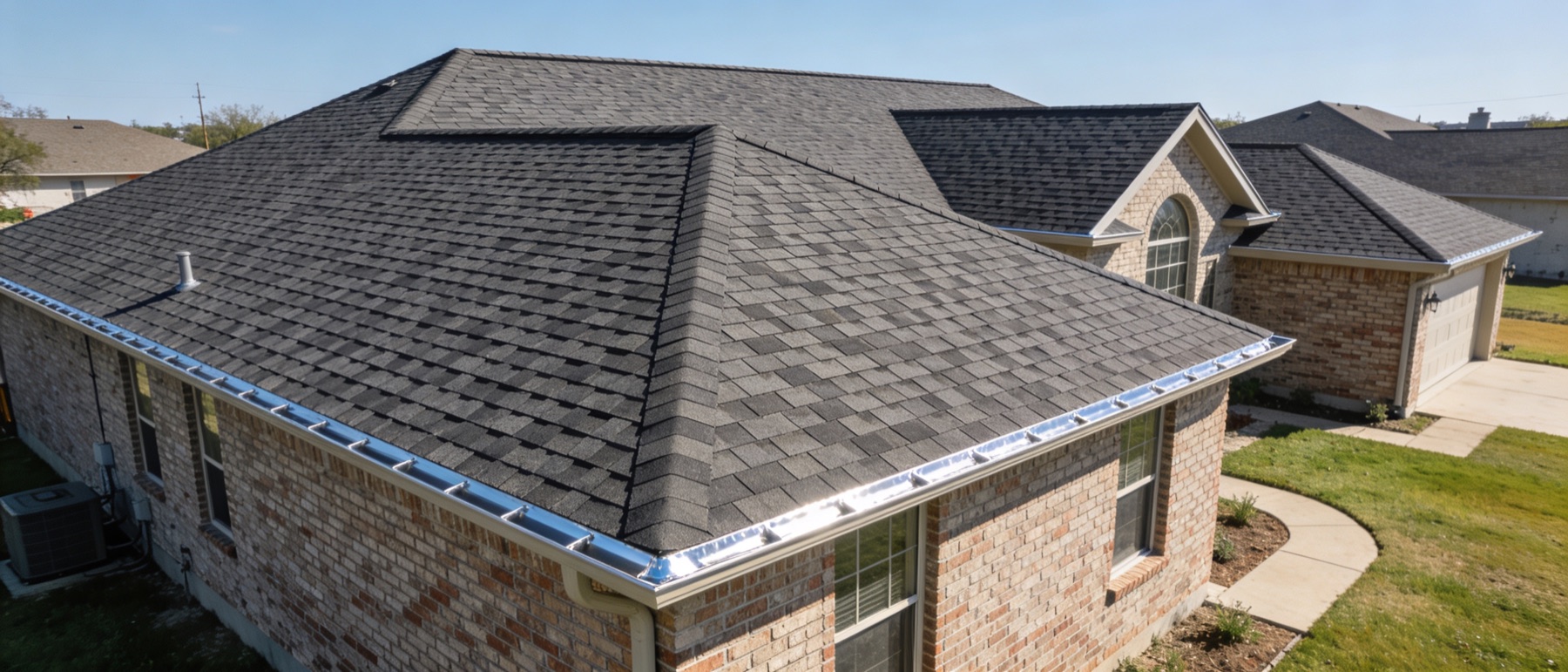 Aerial drone view of a freshly completed asphalt-shingle roof replacement on a residential brick home in a Houston-area neighborhood