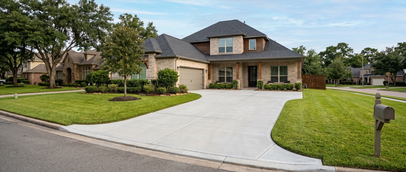 Smooth residential concrete driveway leading to a Houston-area home