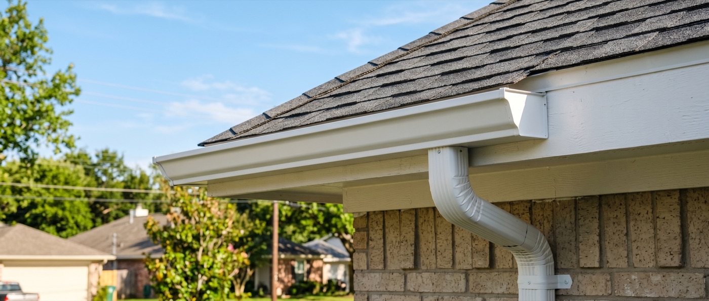 Seamless K-style aluminum gutter and downspout on a Houston-area home