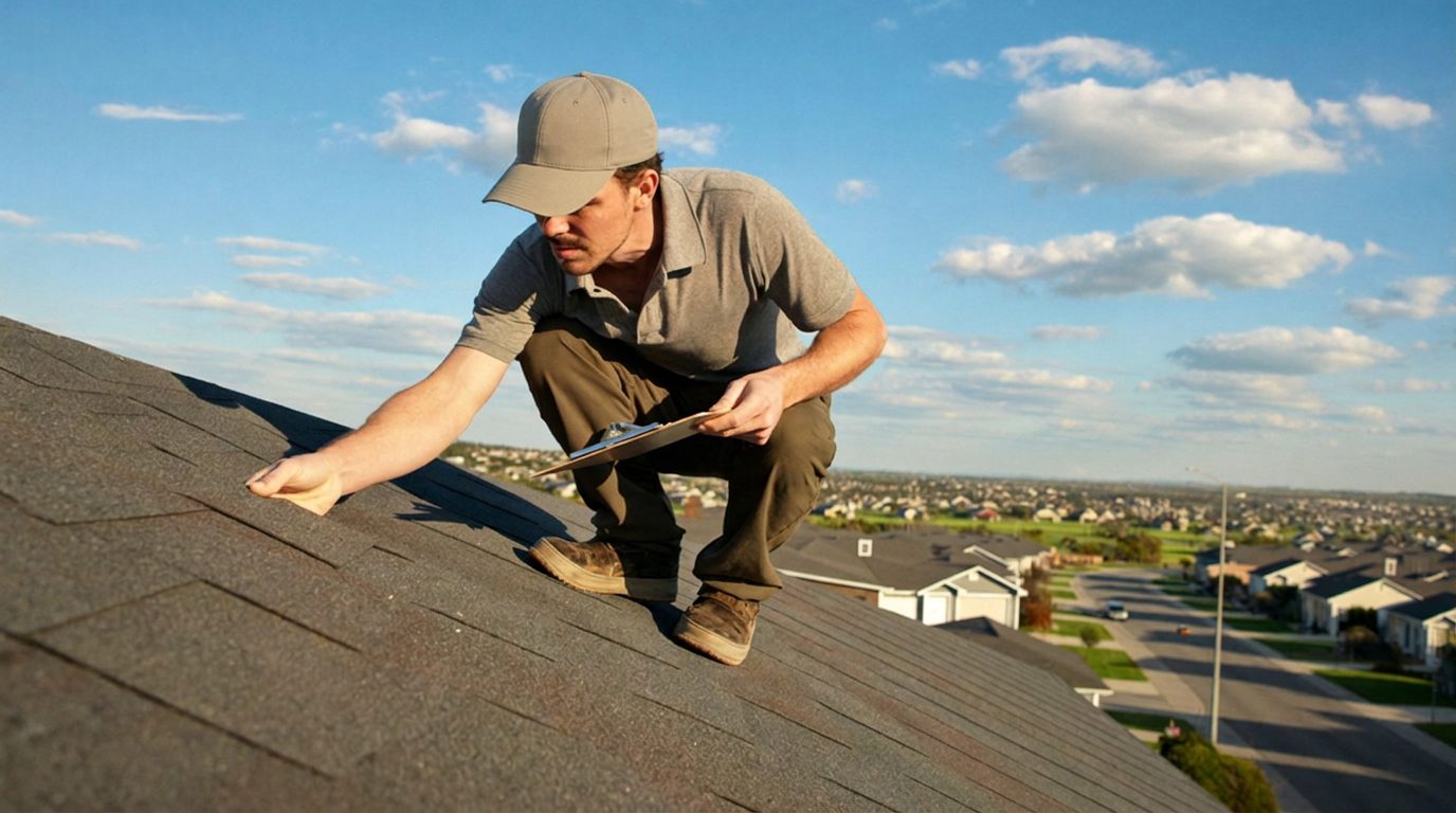 Roof inspector with a clipboard examining asphalt shingles on a Texas suburban home