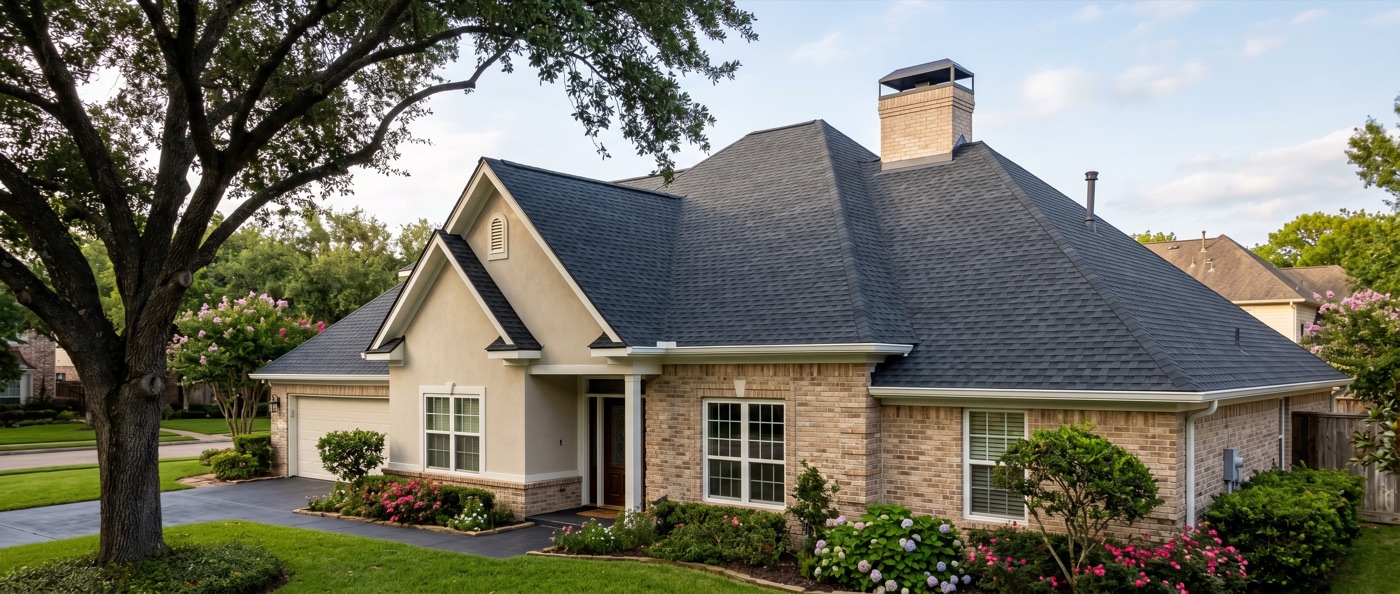 Newly installed asphalt-shingle roof on a Houston-area home
