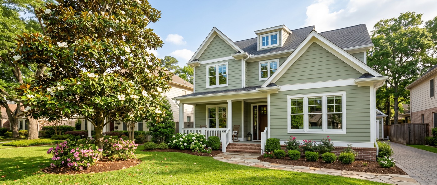 Sage-green James Hardie fiber-cement siding on a residential Houston home