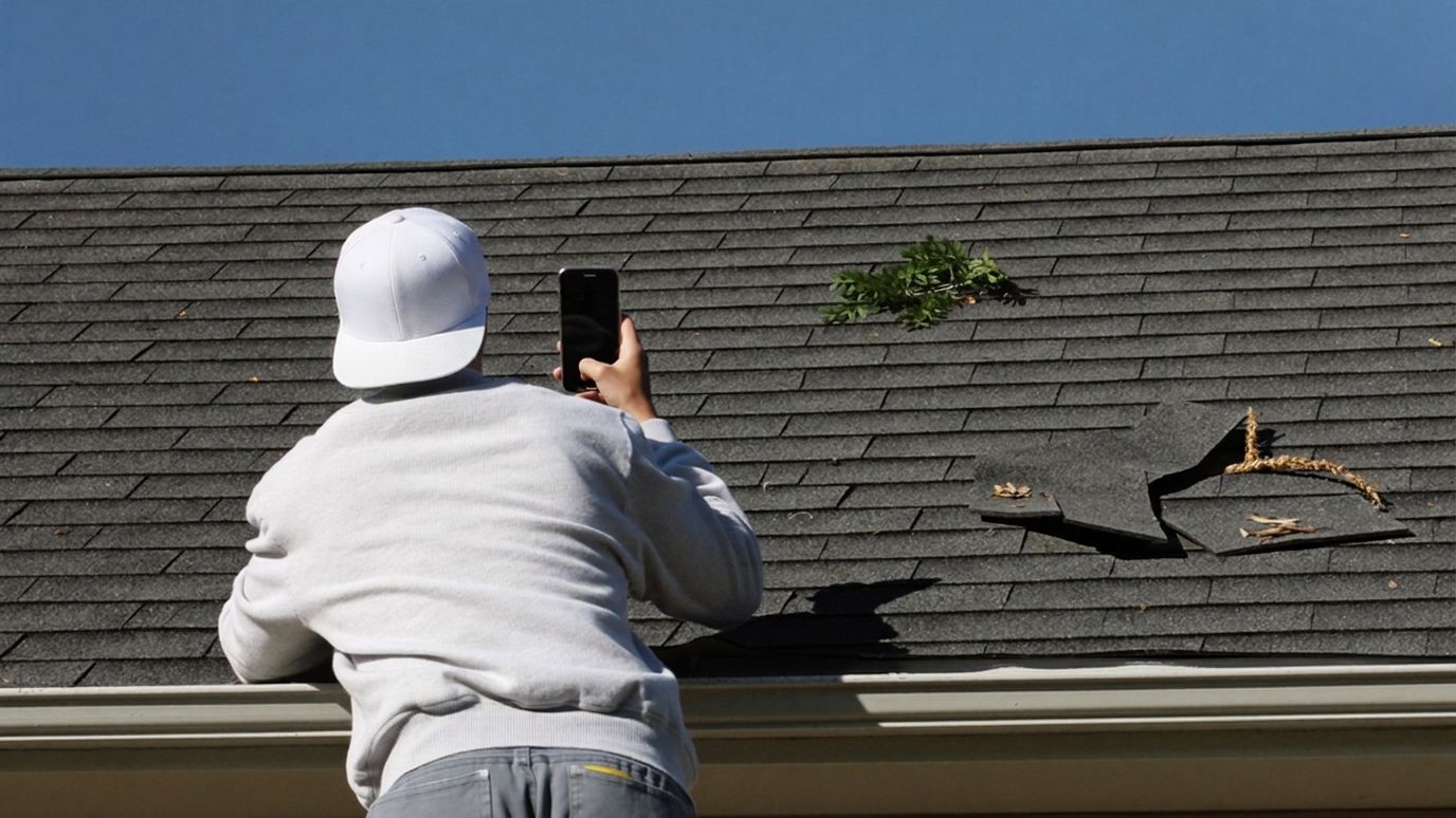 Homeowner photographing storm-damaged shingles for an insurance claim