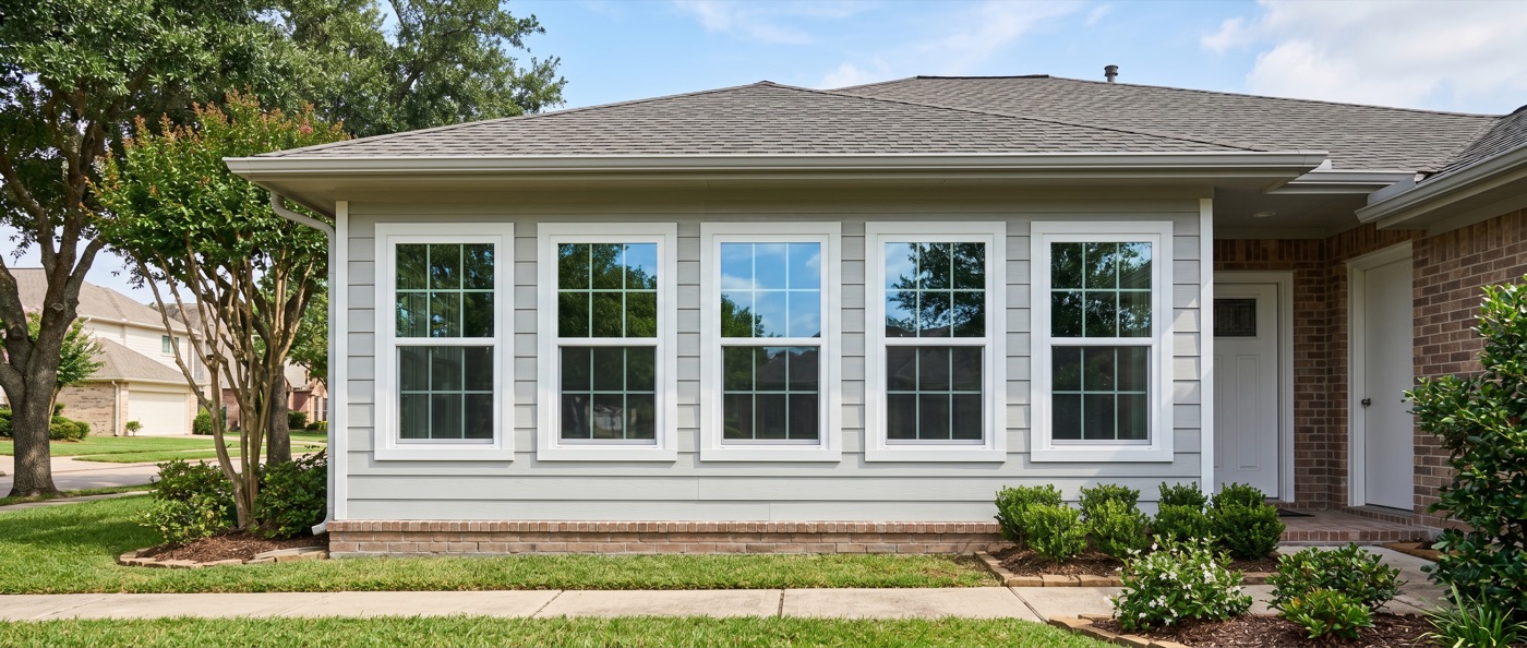 Row of newly installed white-frame double-hung replacement windows on a Houston-area home